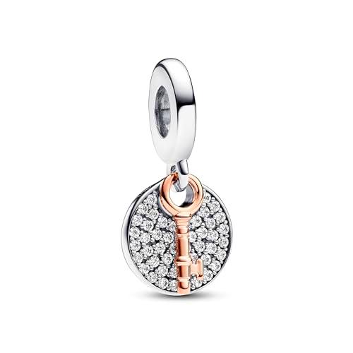 Pandora Moments Colgante con diseño de llave de plata de ley y chapado en oro rosa de 14 quilates con circonitas cúbicas transparentes